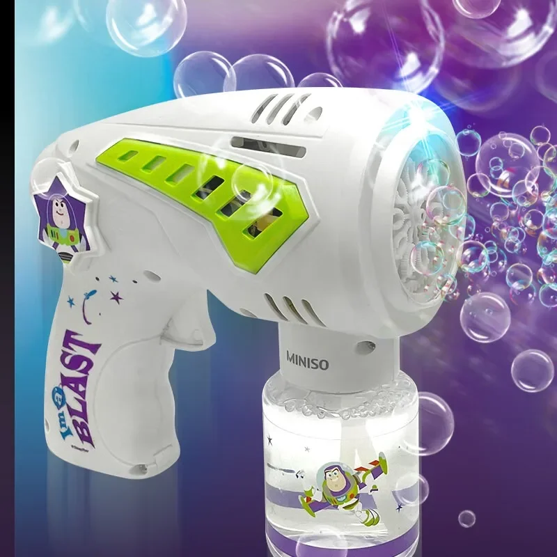 Disney-máquina de burbujas eléctrica de mano para niños, 12 agujeros, Buzz Lightyear, soplado de burbujas automático sin fugas, Netflix, juguete de regalo