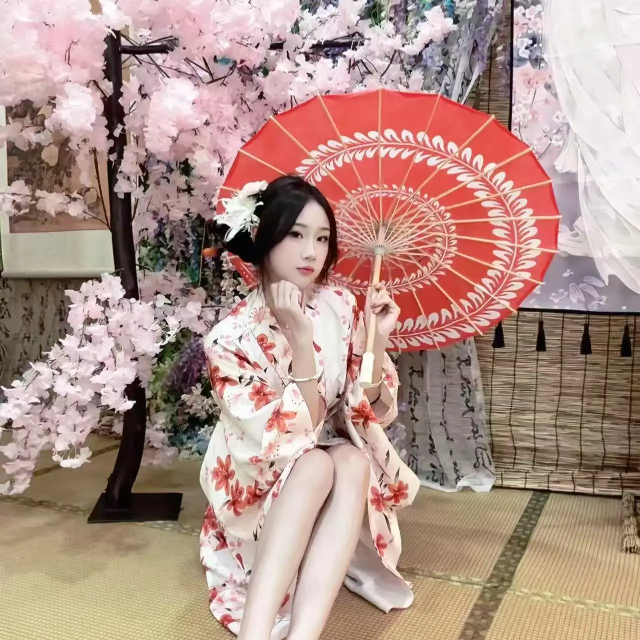2026 New Year Women's Kimono Traditional Japanese Clothing Cute Cherry Floral Printing Long Robe Festive Photography Suit Female