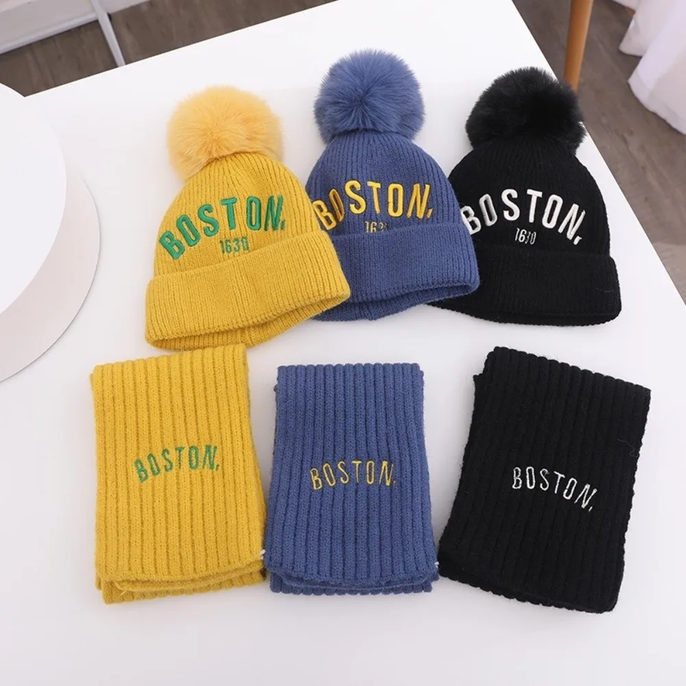 

New BOSTON Embroidery Scarf Hat Set Windproof Warm Pullover Cap Coldproof Neck Warmer Autumn and Winter
