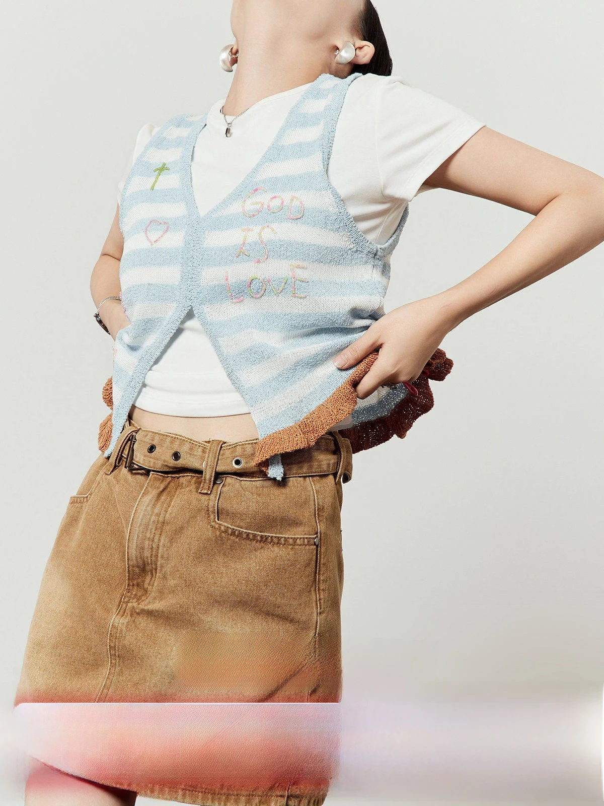 

Синий вязаный жилет женский свободного кроя с V-образным вырезом, в полоску, летний, новый, для повседневной носки, модный, универсальный, вязаный свитер-топ