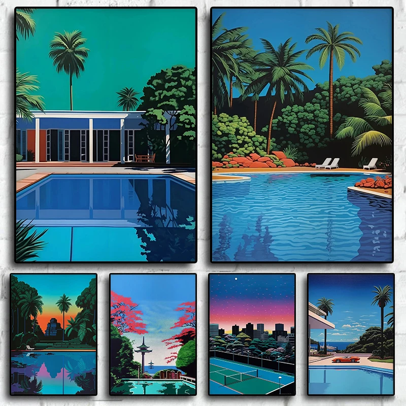 Hiroshi Nagai Japan Pool Palm Sunset Purple, carteles impresos, arte de pared Vaporwave, pintura de diamantes, imágenes nórdicas, decoración para sala de estar