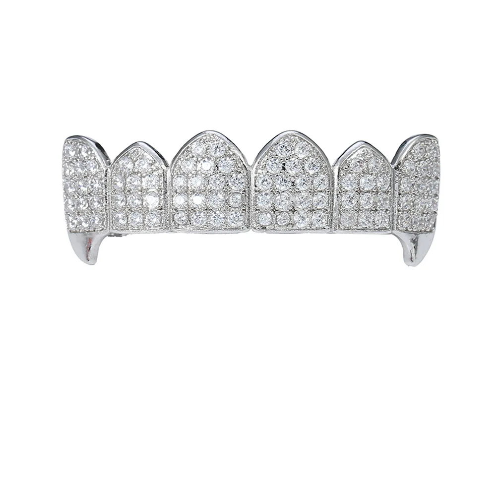 Juego de Grillz de dientes brillantes para hombres y mujeres, tapas de circón cúbico, Micro pavé superior e inferior, parrillas con dijes, joyería de Hip Hop