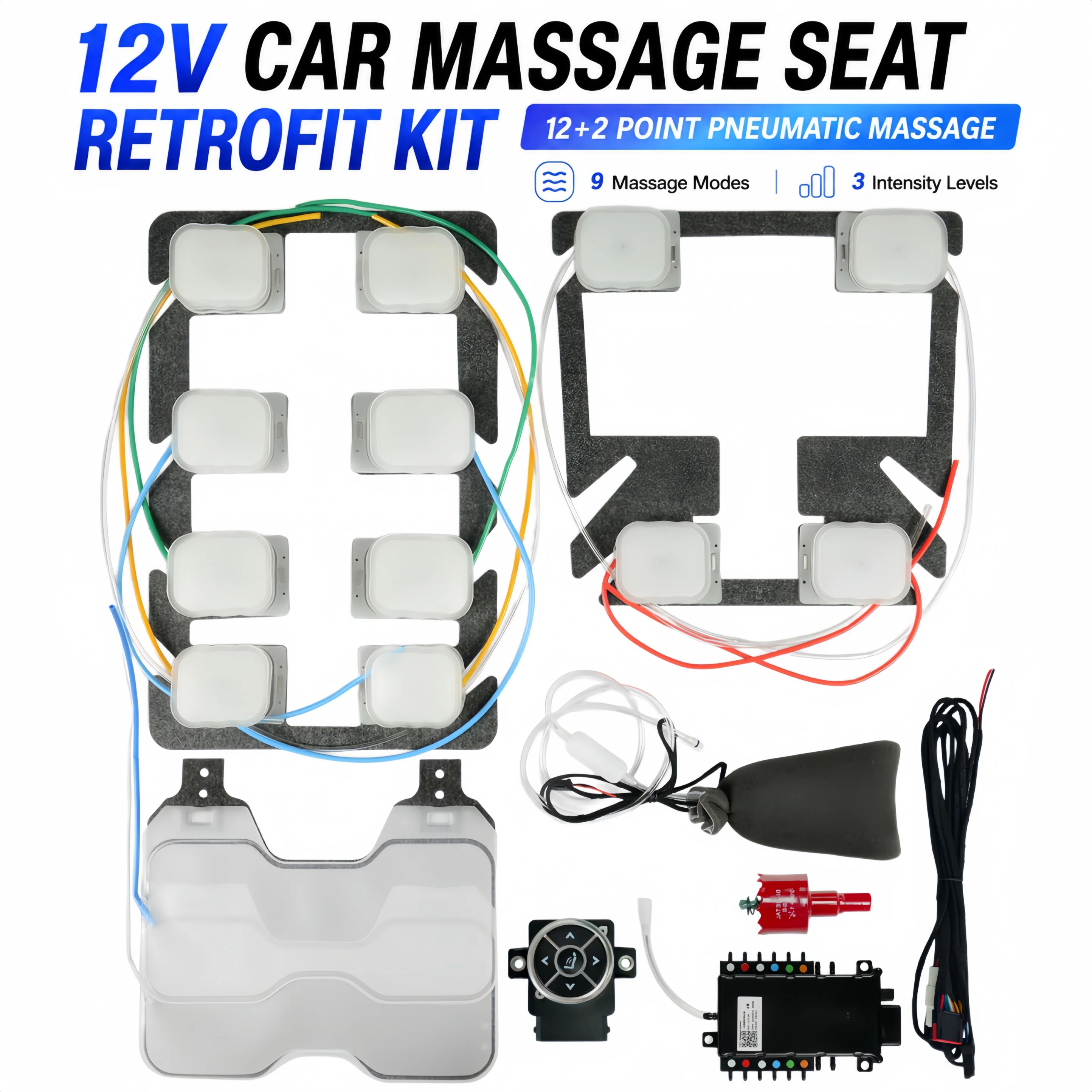 Universal Built-in Car Seat Massager 12V 12+2 Point Pneumatic Massage Lumbar Support System 9 Modes Car Interior Accessories
