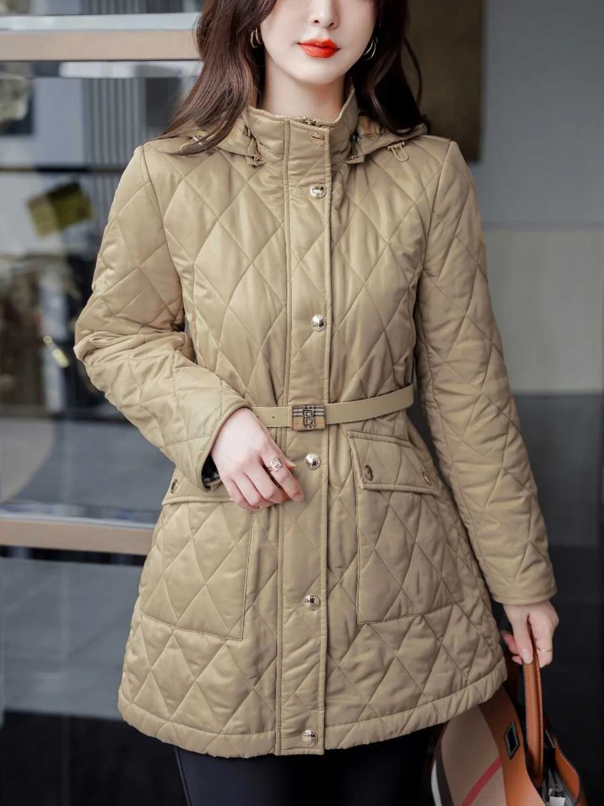 

Classic Diamond Pattern Women's Mid-Length Cotton Jaet Warm Coat Sli Versatile BET Commute Sle Long Sve