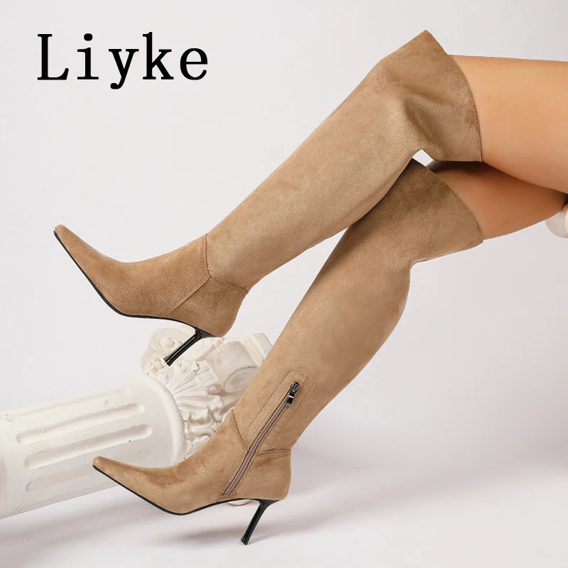 

Liyke Winter Street Style Square Toe Zip Thigh High Over The Knee Boots Women Thin Heels Shoes Female Motorcycle Long Booties