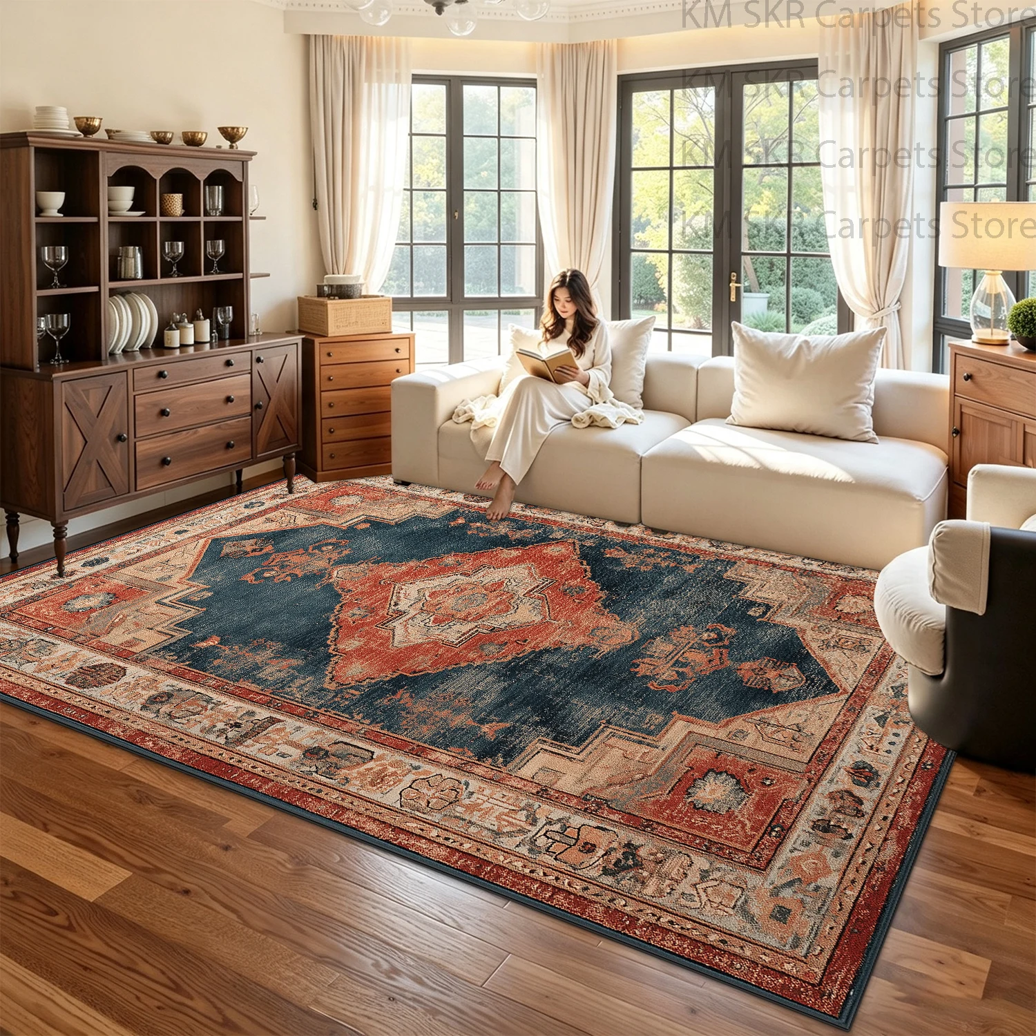 Persian Classic Retro Style Parlor Red Carpet Big Size Antiskid Washable Dining Room Seat Mat Soft Fluffy Bedroom Decoration Rug