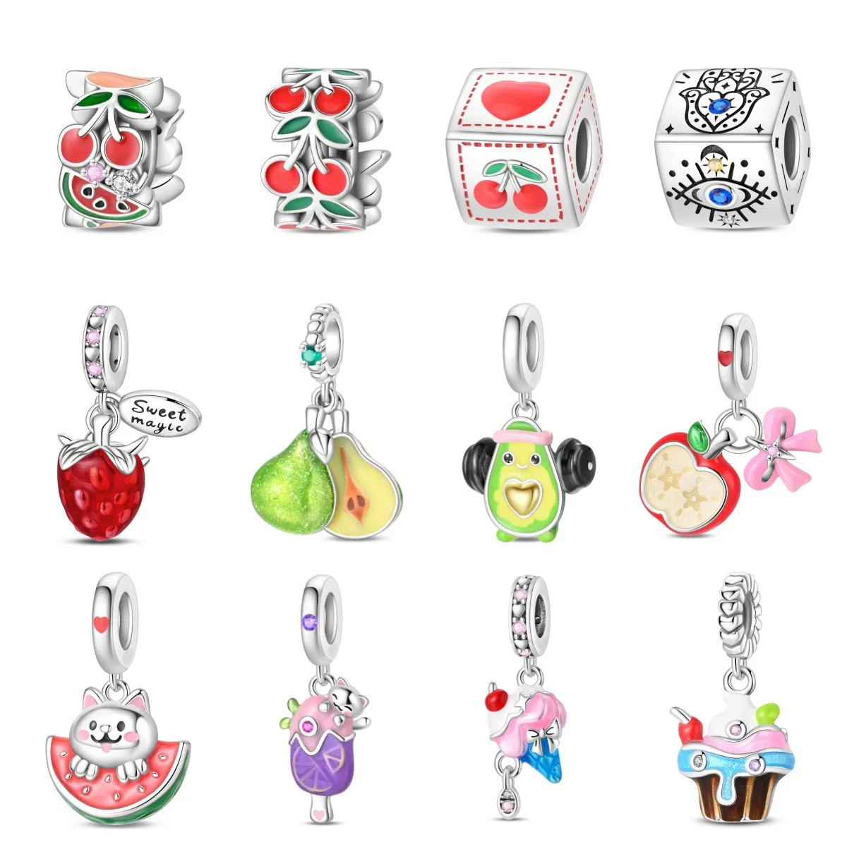 New style fruit avocado pear raspberry apple charm pendant beads jewelry for bracelet piece copper silver plated cross-border