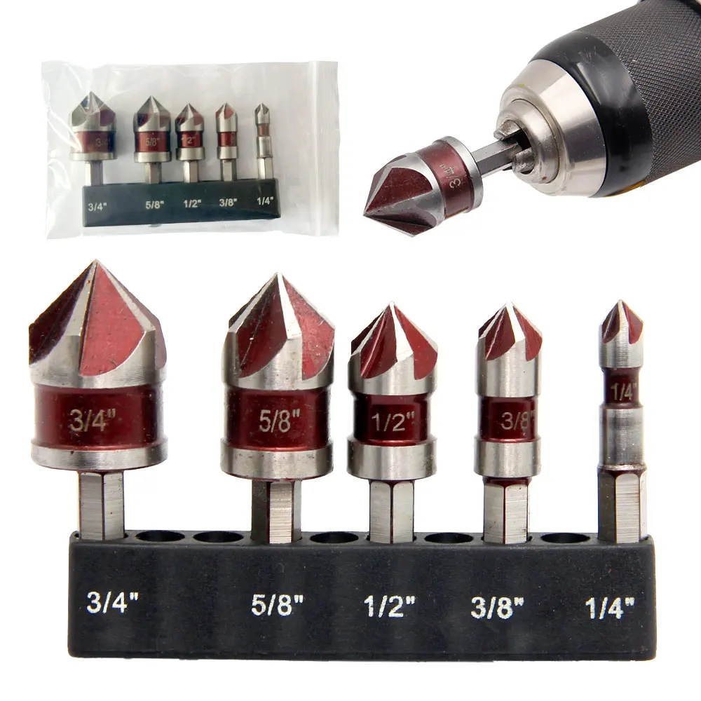 

Инструмент для снятия заусенцев и открытия отверстий, 5 шт., шестигранный хвостовик, британская красная фаска с пятью краями, зенковка 1/4-3/4