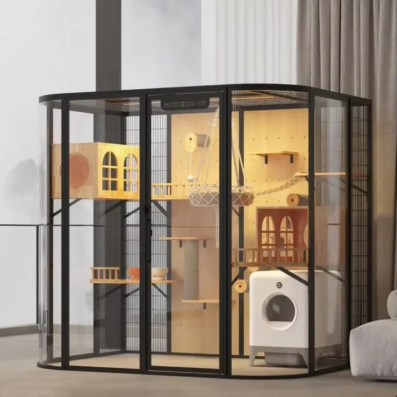 Pet Shop Furniture Products Tempered Glass High Quality Rubber Wood High-end Cat Apartment House Nest Luxury Cat Villa