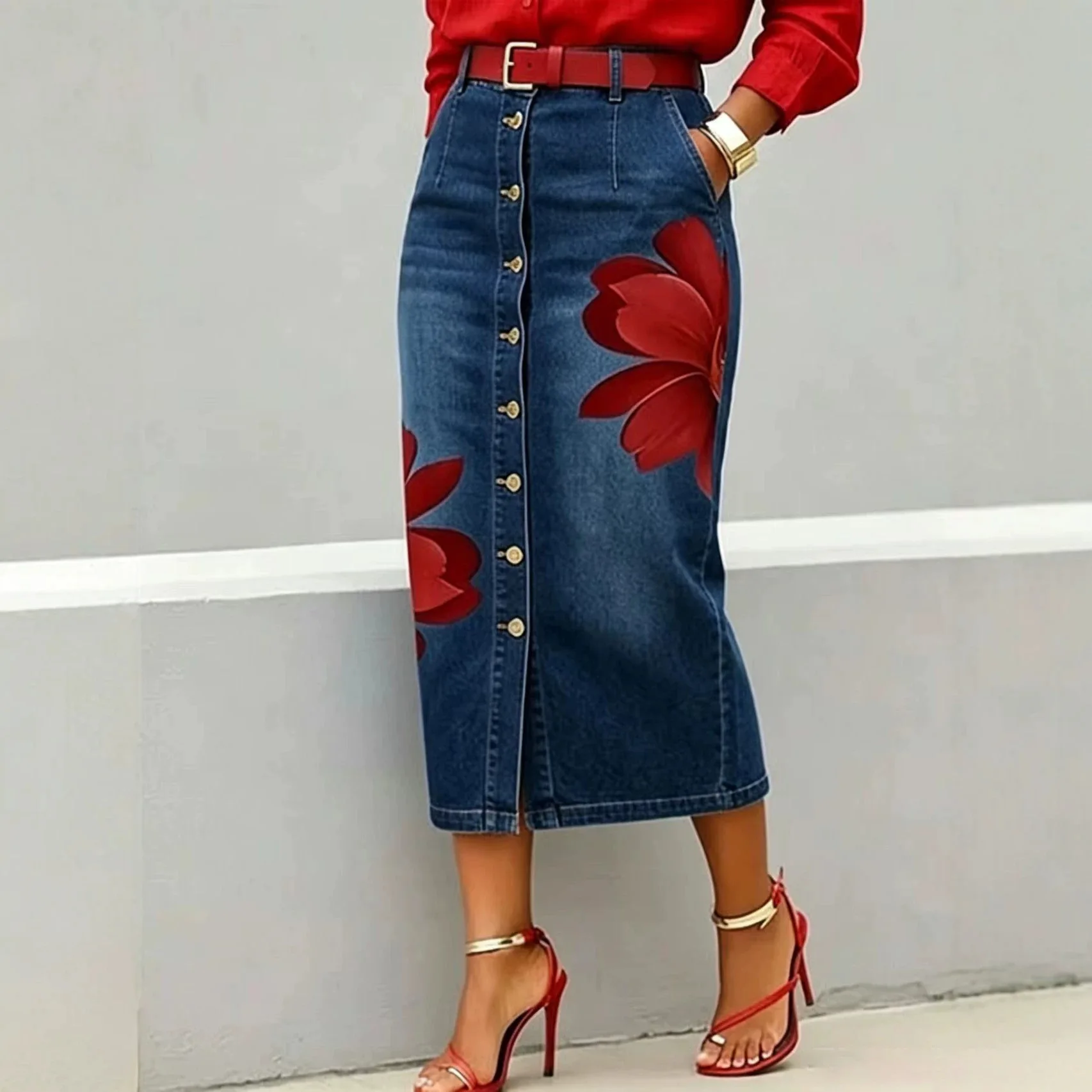 2026 Women Floral Print Denim Midi Skirt High Waist Front Button Split Vintage Flower Straight Jean Skirt Casual Female Skirts