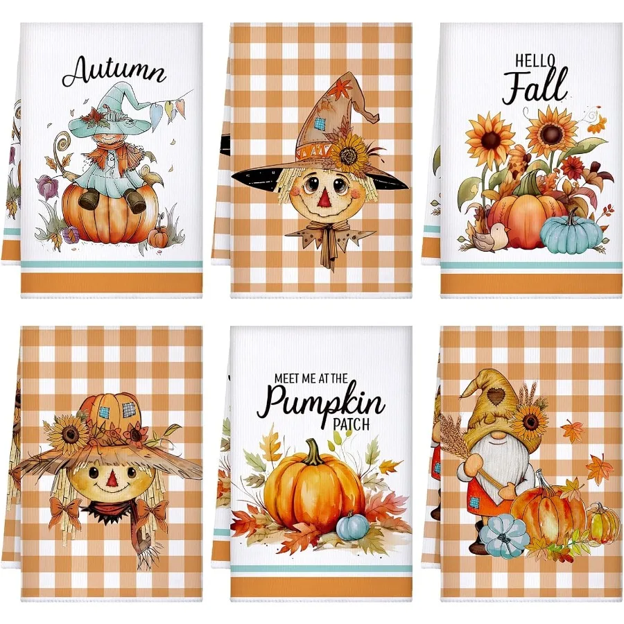 

Набор из 6 осенних кухонных полотенец, тыквенная осенняя тарелка, ручные чайные гномы, кухонные полотенца на День благодарения, декоративные впитывающие быстросохнущие полотенца