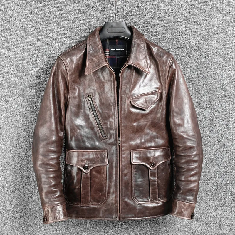 

YR!Free shipping.2020 Brown luxury batik horsehide jacket,newsboy leather clothes,Man quality Vintage genuine leather coat,