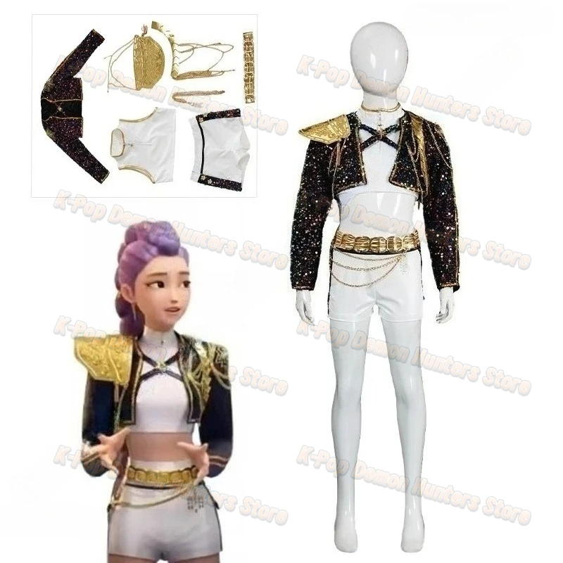

Girls Performance Kpop Demon Hunters Kids Costume Rumi Costume Kids Black Gold Suit Kid Halloween Roleplay Clothes