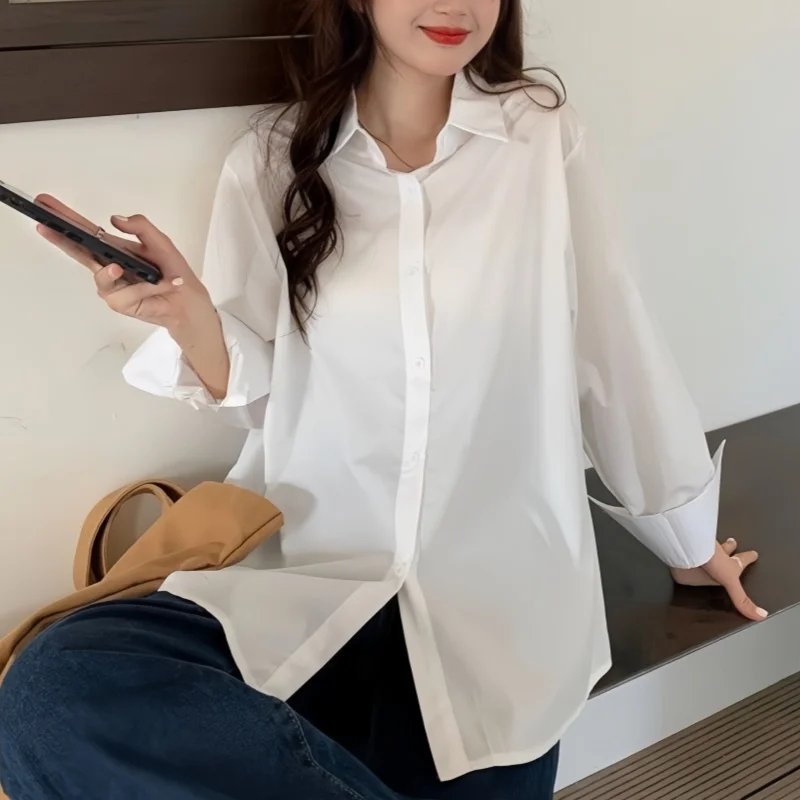 

Casual Loose White Shirt Simple Commuter Top Female Fashionable Workwear Student Top Loose Polo Long Sleeve Advanced Feeling
