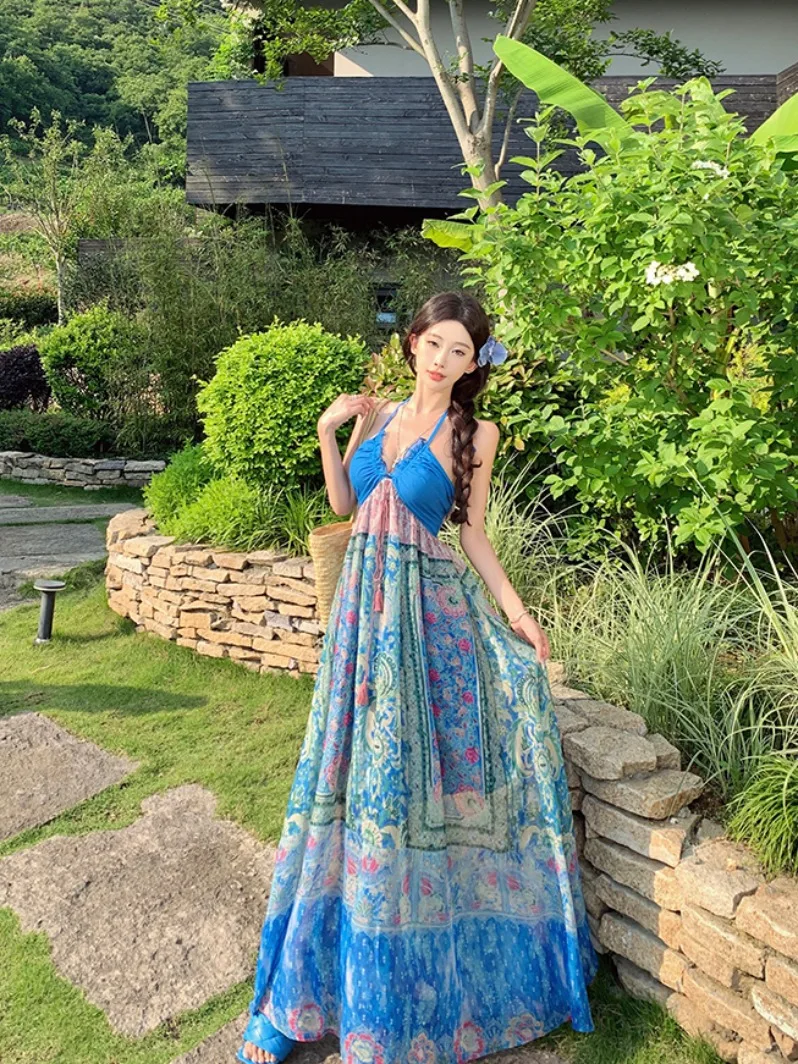 กระโปรงทรงเอเอวสูงลายดอกไม้สไตล์วินเทจ ผ้าพิมพ์ลาย เหมาะสำหรับการเดินทาง มีสายคล้องไหล่