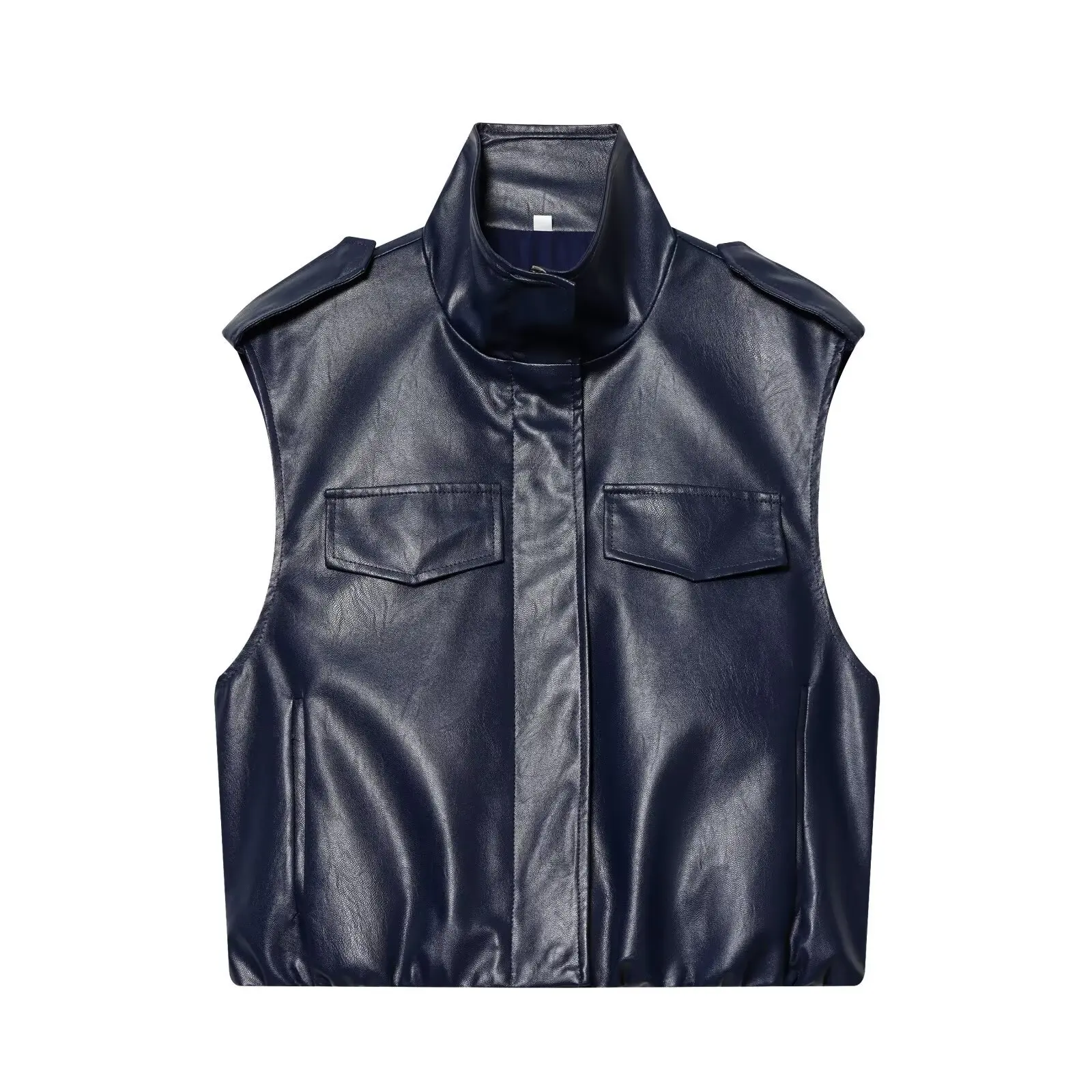 Stand Up Collar Leather Vest Rivets Tight Fitting Slim Fitting Leather Mini Skirt American Style Solid Color Fashion Women's Set