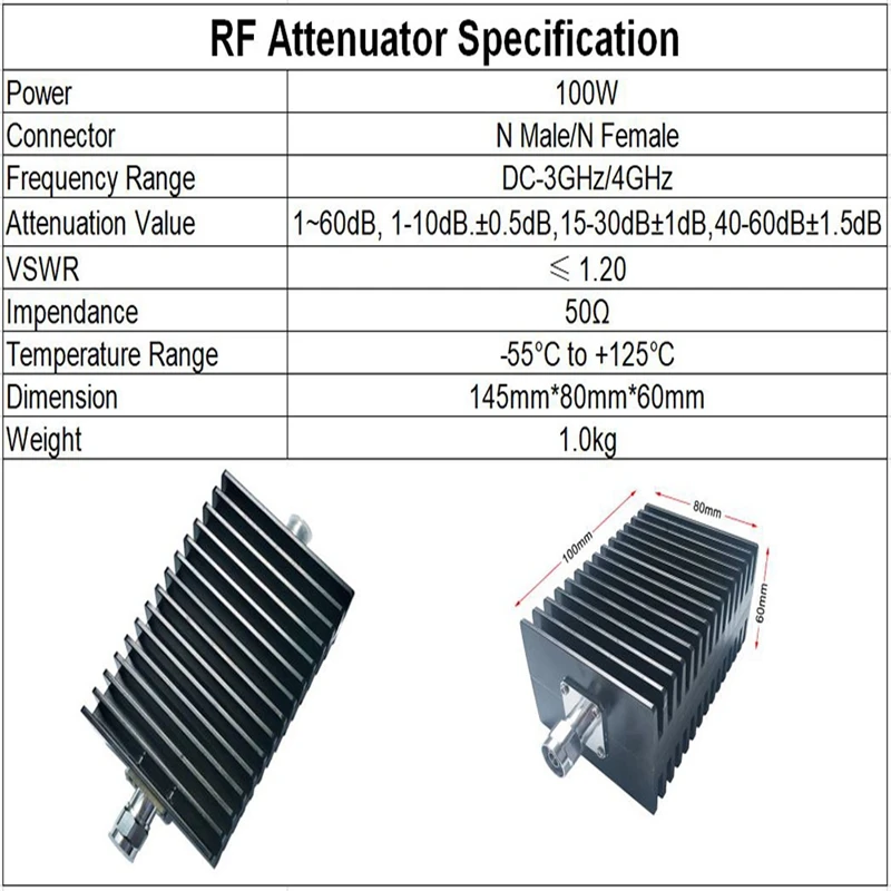 100W N Type Attenuator DC-3Ghz/4Ghz 1db~60db N Male Plug to Female Jack RF coaxial Attenuator 50ohm RF Accessory High Power