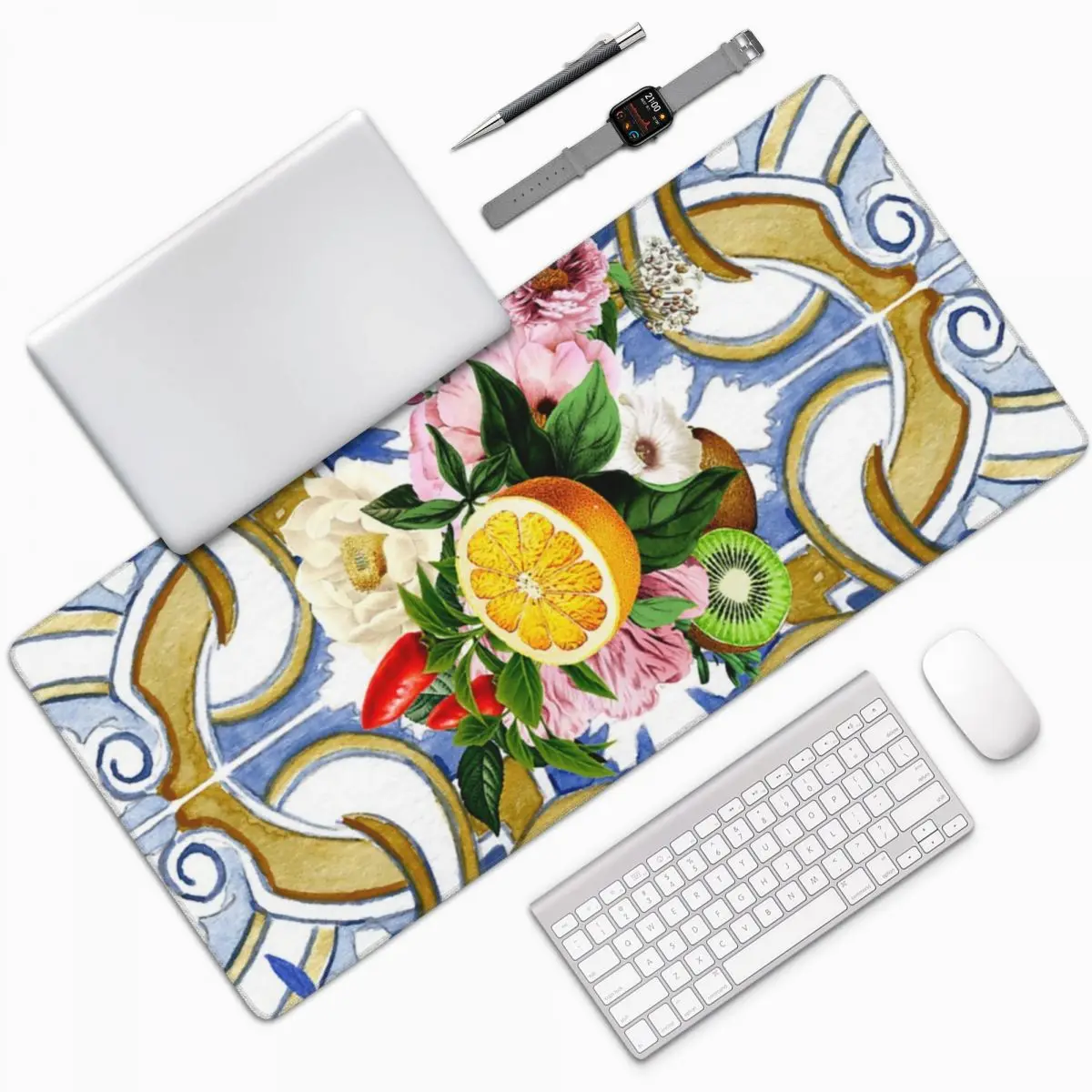 Sicilian Tiles,Mediterranean,Mosaic,Lemons Large Mouse Pad Computer Keyboard Mouse Mat Gaming PC Laptop Desk Mat Table Mats