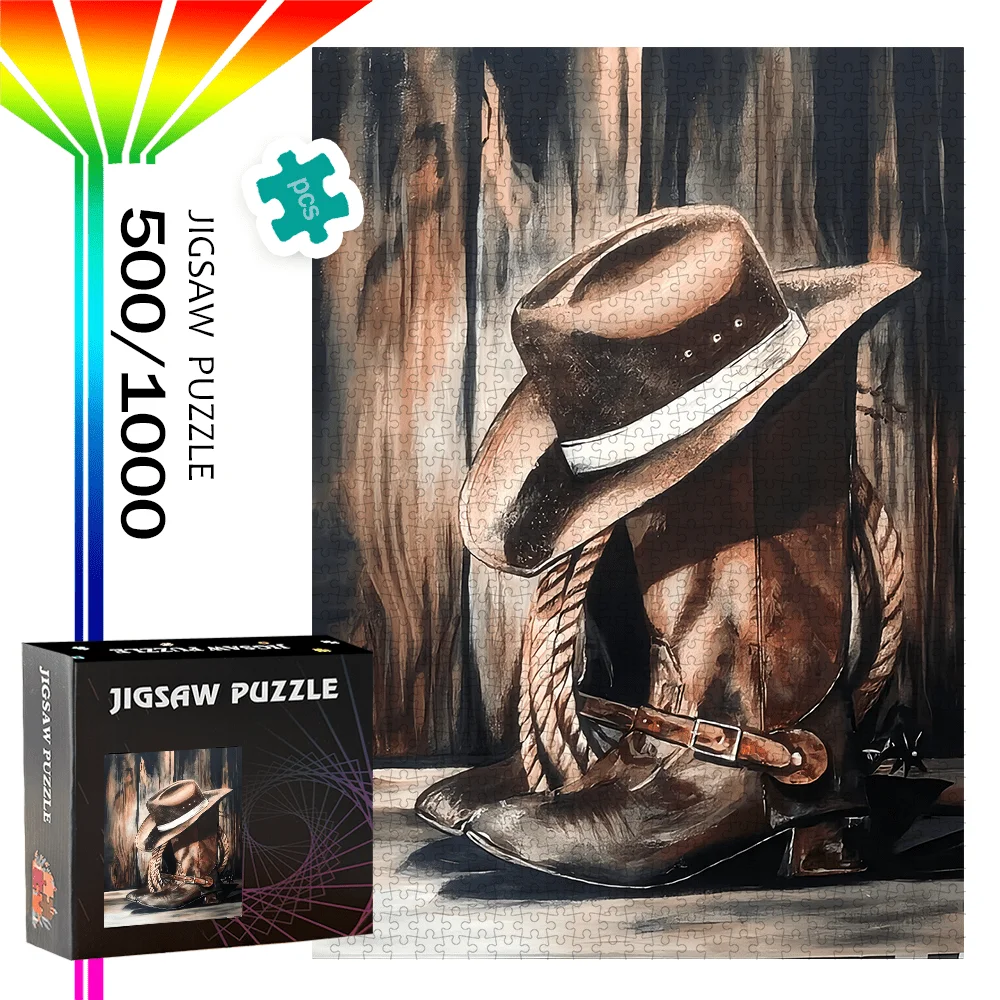 Cowboy Hat & Boots 500pcs/1000pcs Puzzle Game - Gift for Family Interactive Play, DIY Jigsaw Fun, Home Decor Brain Challenge –