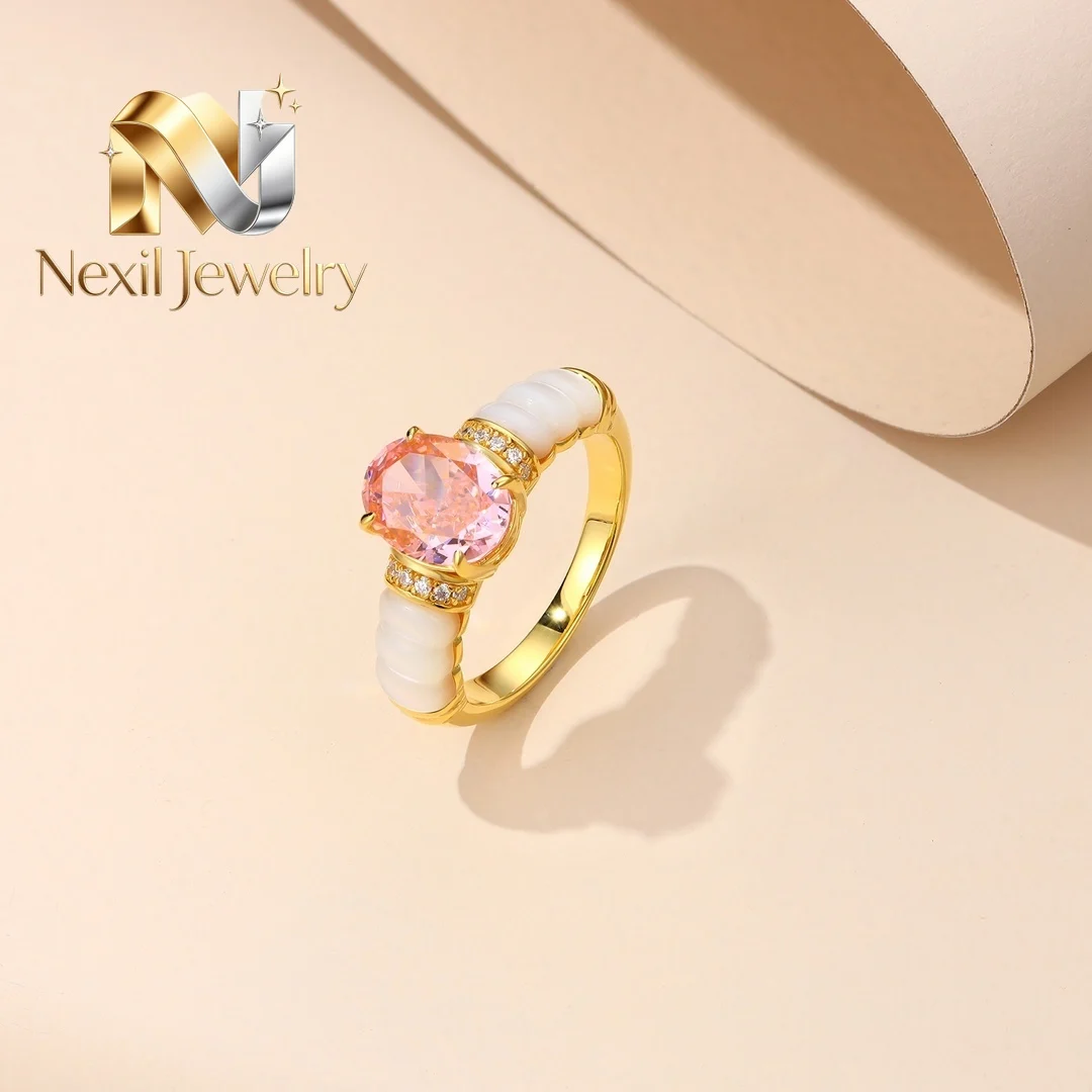 Nexil Jewelry  1.5Ct 6*8mm Oval Cut Artificial Pink Diamond Ring Shell Inlay 925 Sterling Silver Yelllow Color Jewelry Birthsto