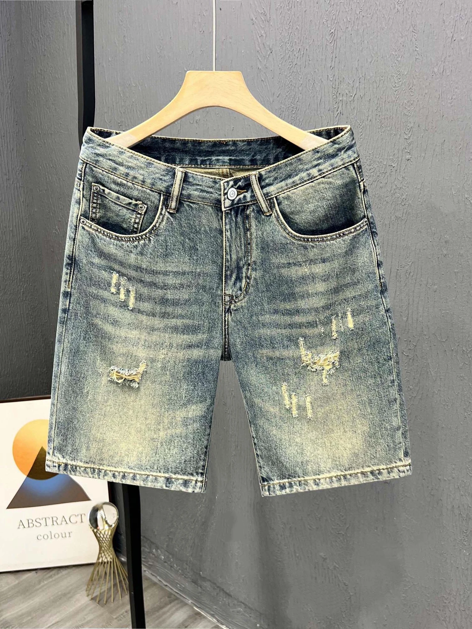 American Style Men's Ripped Denim Shorts Casual Versatile Loose Fit Summer New Five-Point Pants Vintage Retro Trendy Men's Cl...