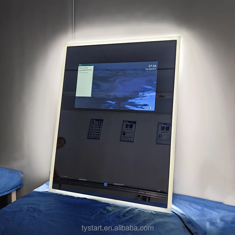 

Customized Modern Android Smart Bathroom Shower Mirror Full HD TV Mirror With Rectangle Design Illuminated Magic Mirror