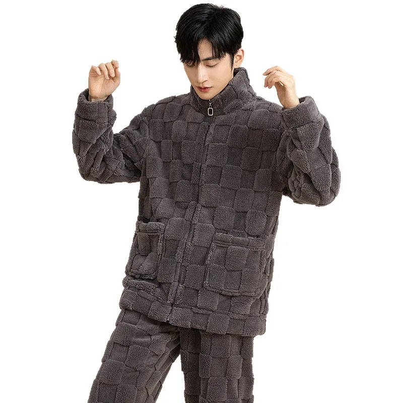 Men's Coral Fleece Pajamas Set Thickened Fleece Long-sleeved Flannel Loungewear Suit Can Be Worn Outside  Men Pajamas