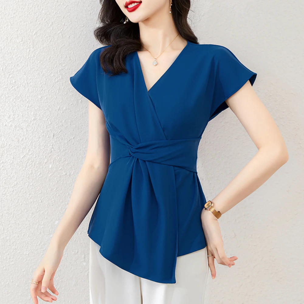 

Vintage Elegant Women's Summer Chiffon Shirt Short Sleeve V-Neck Simple Women Tops Slim Waist Irregular Blouses Women