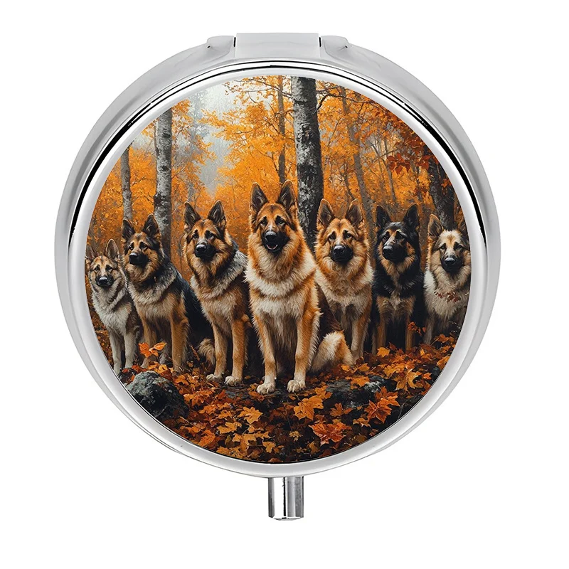 1-piece 3-compartment pill box, portable pill box for German Shepherds in autumn, or for use in handbags, metal vitamin storage box, a unique gift for organizing vitamins and medication