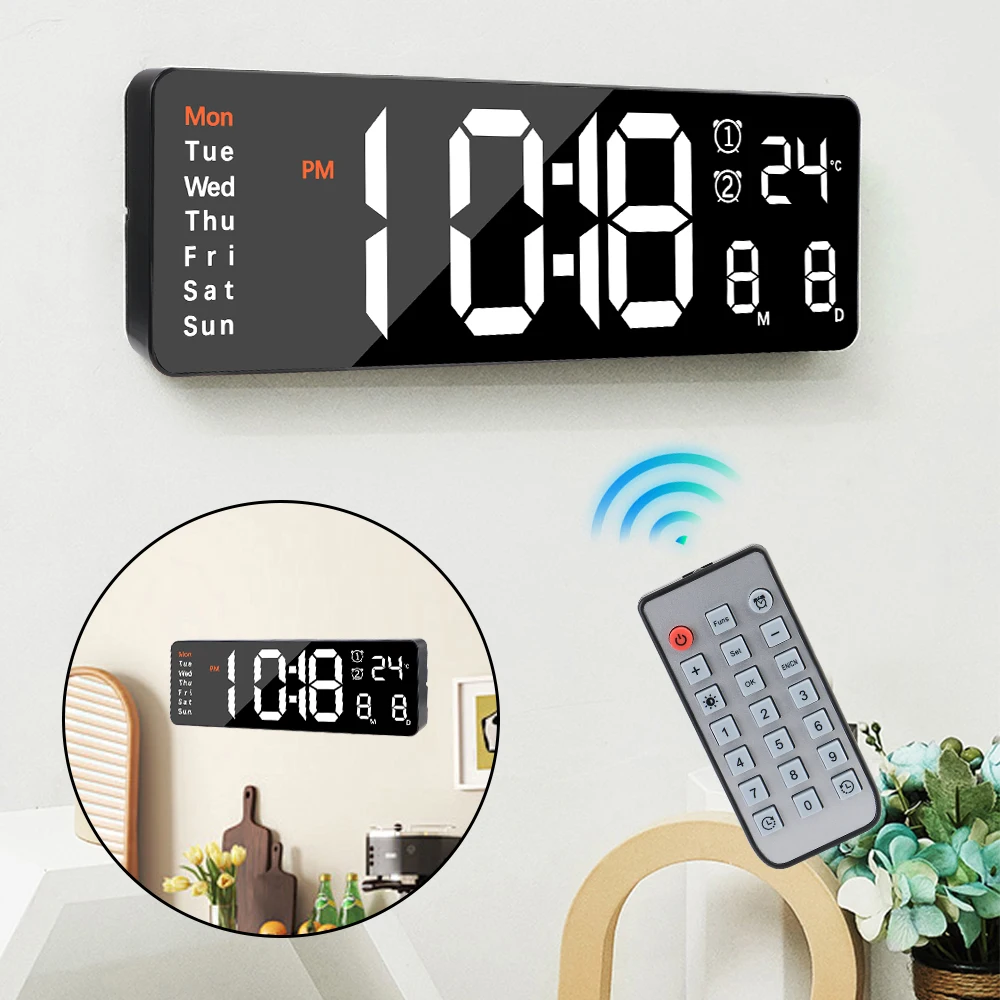 Wall-mounted Power Off Memory Temp Date Week Display Dual Alarms LED Clocks Large Digital Wall Clock Remote Control Table Clock