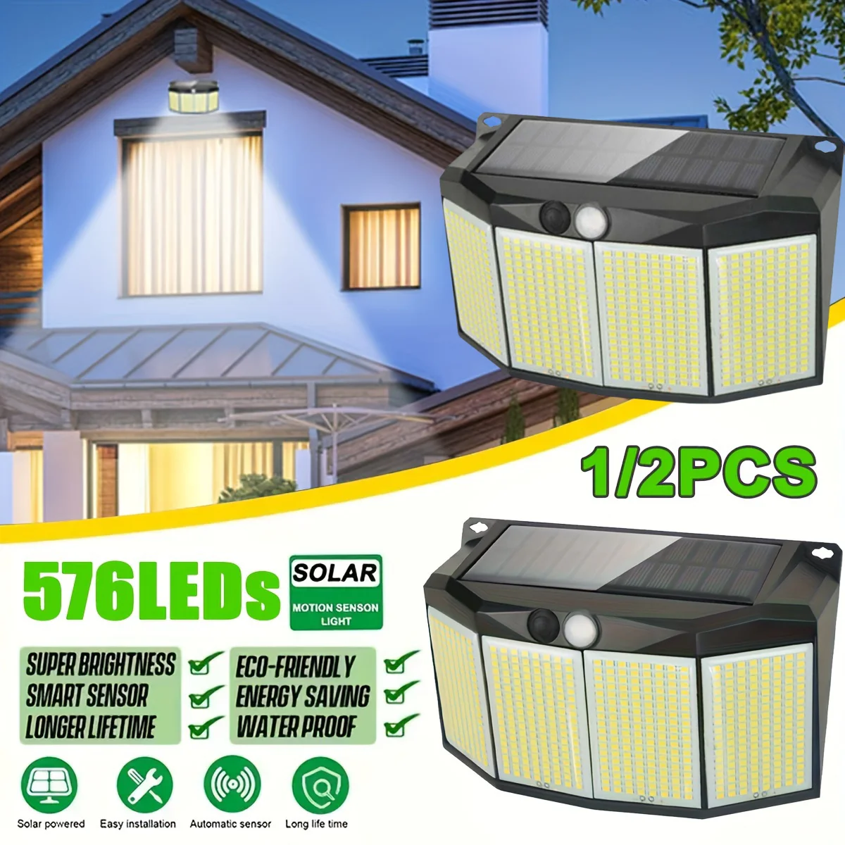1/2PCS 576 LED Outdoor Solar Lights Motion Sensor 3 Modes Waterproof Security Flood Light for Outside Pathway Garden Garage Lamp