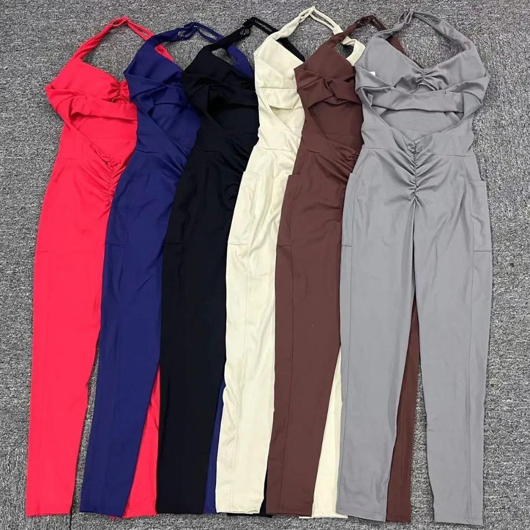 

Бесшовный комбинезон для йоги с двусторонним карманом и открытой спиной, одежда для фитнеса и танцев, спортивный комбинезон для женщин