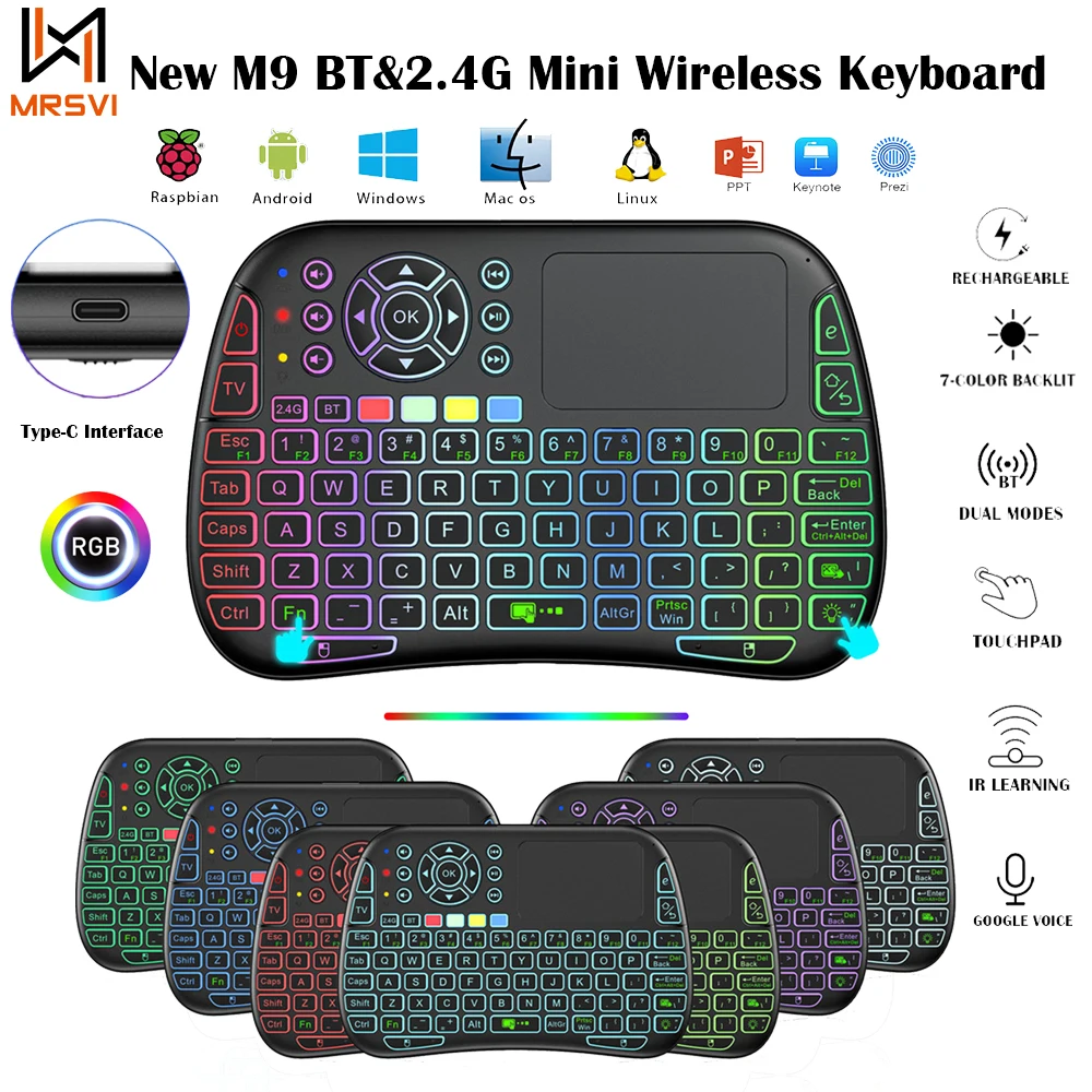 New M9 BT&2.4G Mini Wireless Keyboard 7 Backlit  Type-C Voice  IR Learning Air Mouse Remote Touchpad  for Android TV Box PC