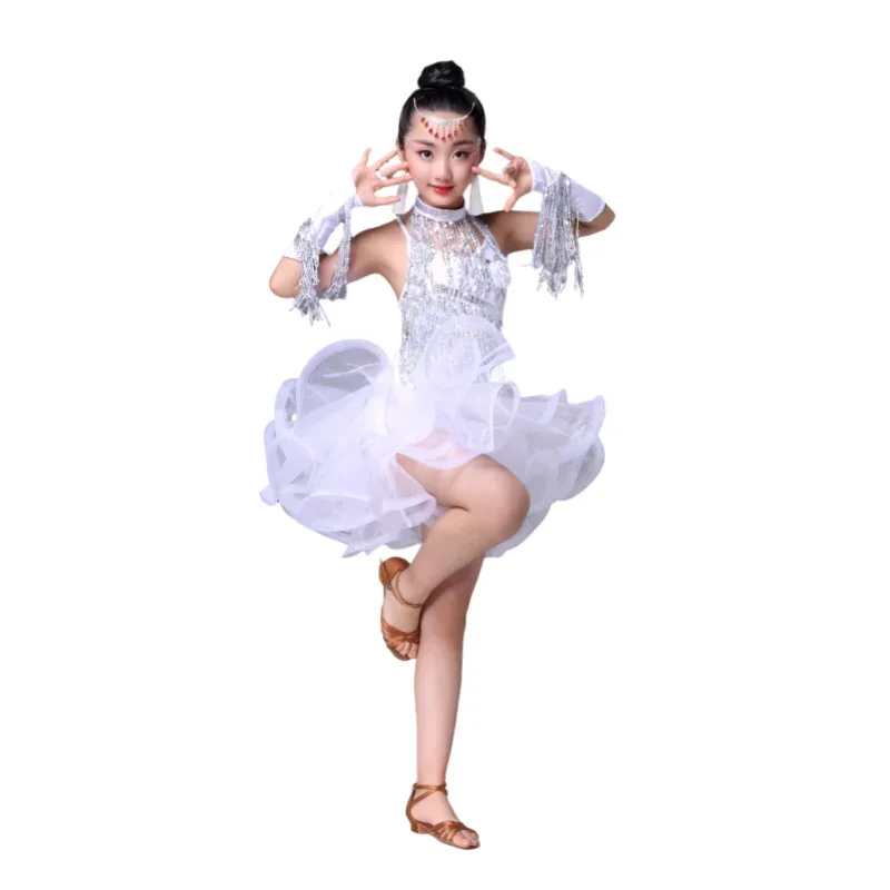 Costume de danse latine pour enfants, robe à franges de danse Sasha pour filles, Costume de compétition de spectacle à paillettes pour jupe latine