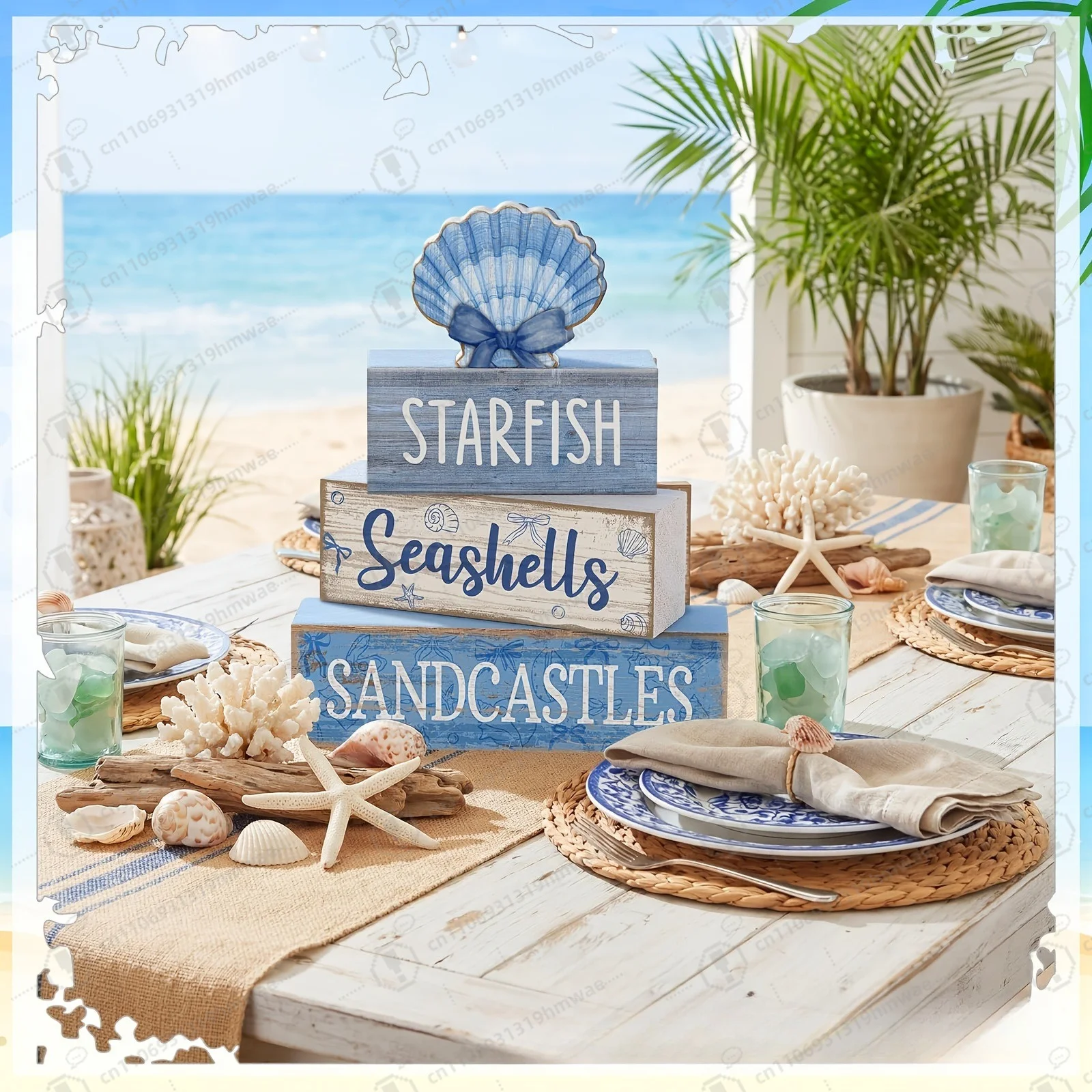 

2 Pack Beach Summer Table Decor Wooden Block Stacked Book Nautical Tiered Tray Decor for Ocean Party Shelf Home Decor