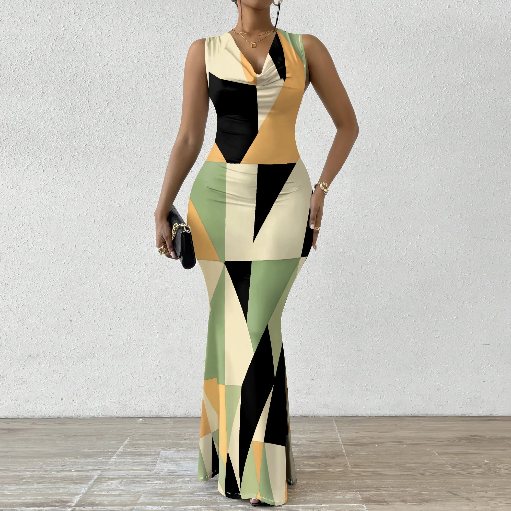 

Geometric Print Cowl Neck Maxi Dress for Women 2025 - Bold & Stylish Dress for Casual Outings, Parties, XS-2XL