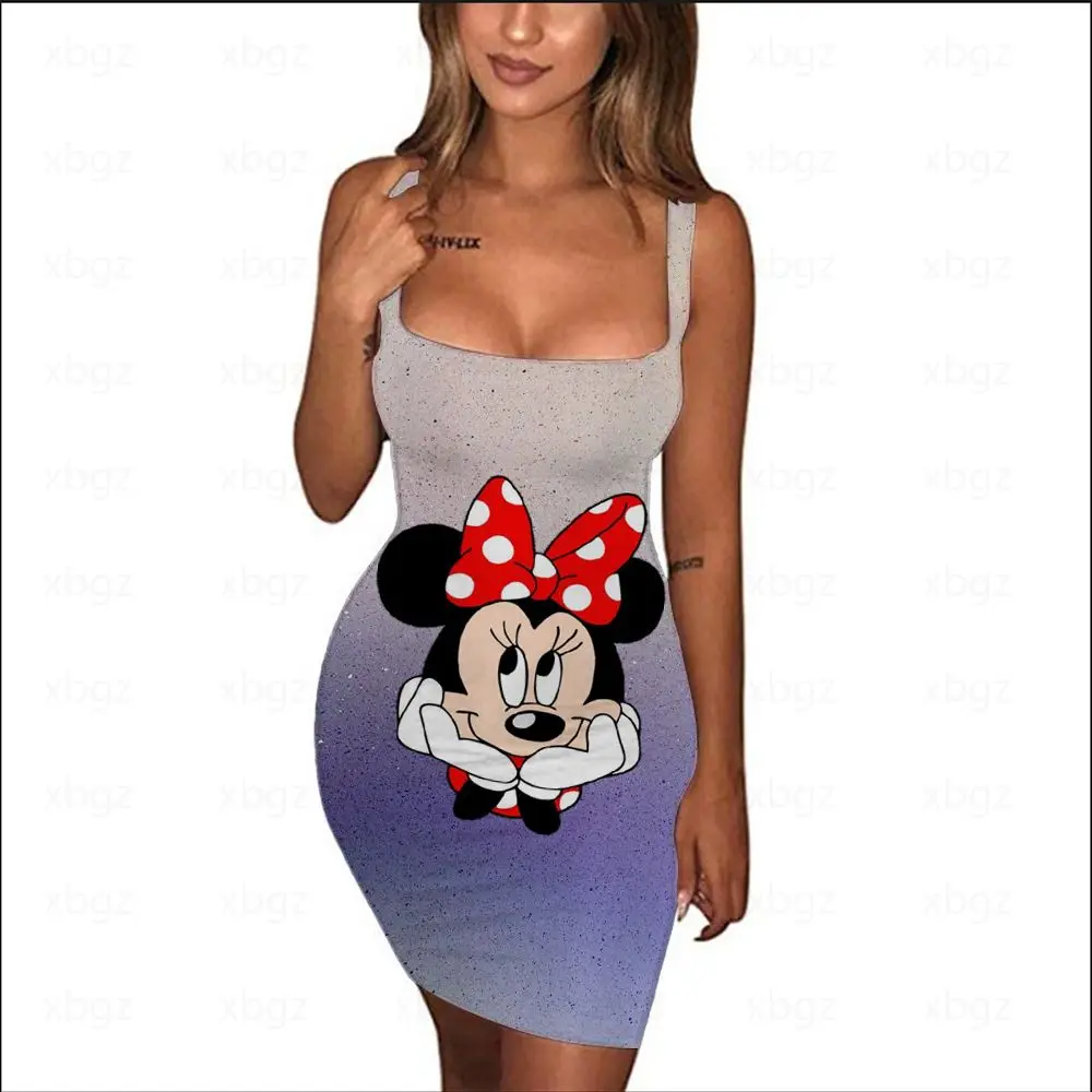 Women's Dress Sling Cartoon Summer Dresses Woman 2022 Fashion Top Disney 3D Print Minnie Mouse Sleeveless Sexy Elegant Party 3XL