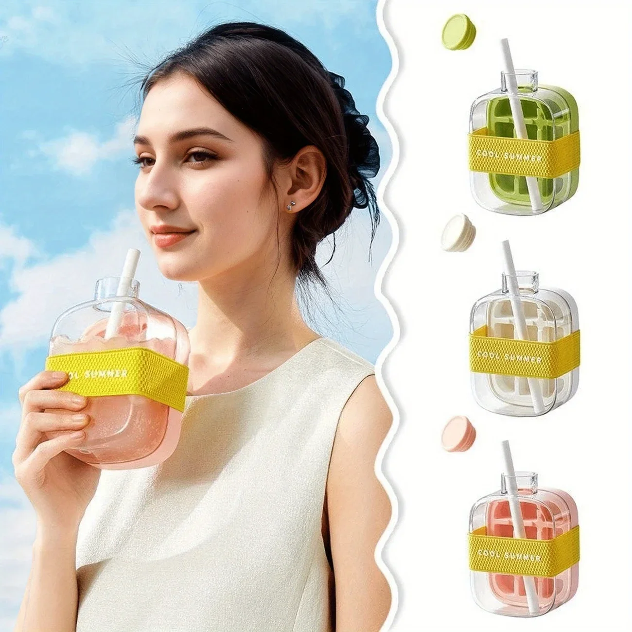 2 in 1 Press Type Cooling Cup Water Bottle with Ice Mold No Touch Ice Maker with Lid for Whiskey Cocktails Reusable Portable