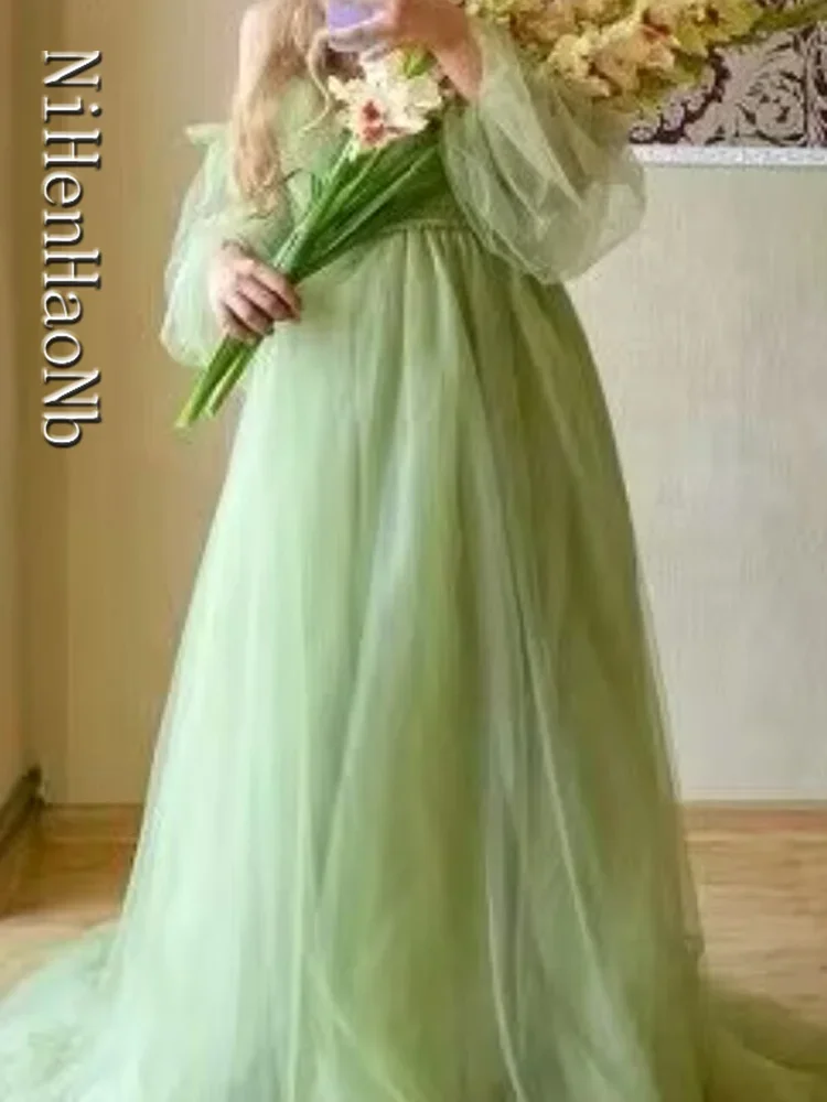 Gras grün lange halbe Ärmel Quince anera Kleider Prinzessin Brautjungfer Bankett Party Ball Ballkleid Kleid