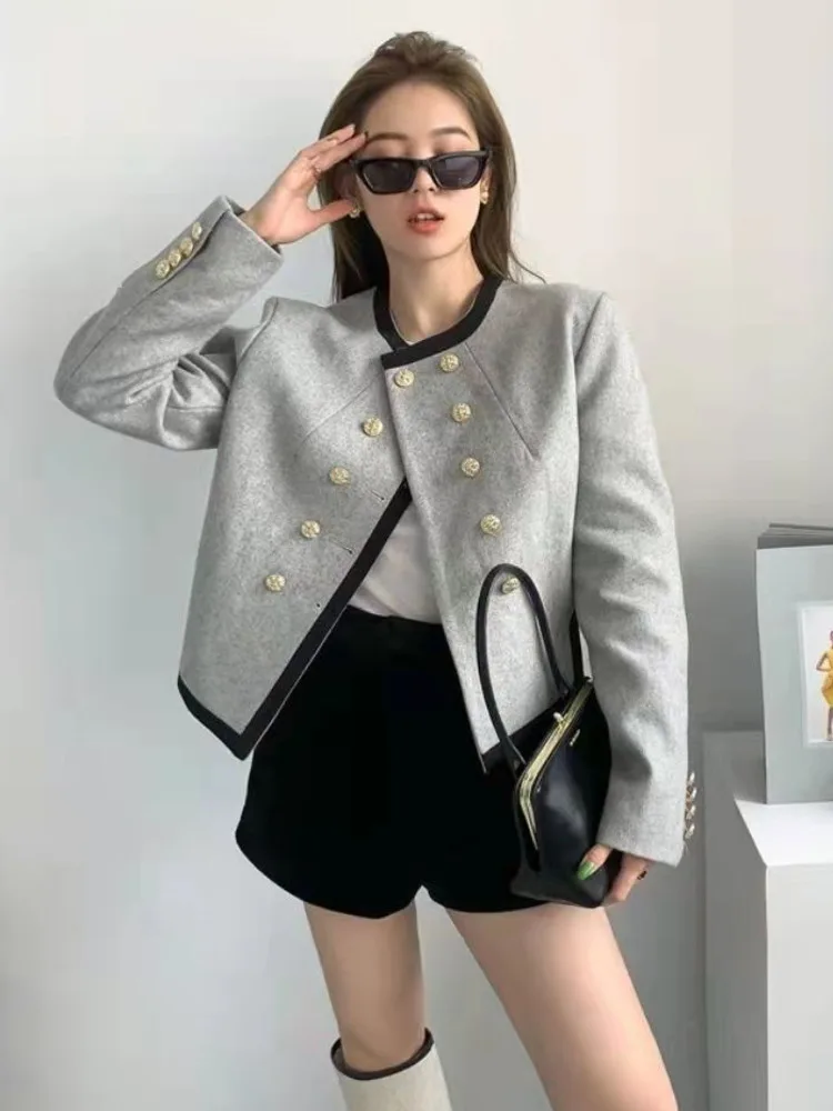 Women\'s Blazer Chic Elegant Round Neck Clothing Casual Temperament Double-breasted Irregular Long Sleeve Coat Clothes Top New