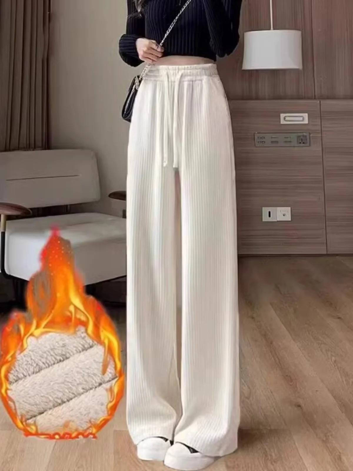 양털 안감 와이드 레그 캐주얼 팬츠 여성용 가을 겨울 스포츠 바지 하이웨이스트 9부 길이