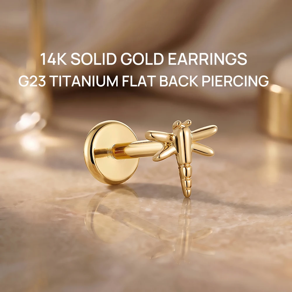 AIDE 14K Solid Gold Smooth Dragonfly Butterfly CZ Women's G23 Titanium Flat Back Piercing Ear Bone Nail Birthday Surprise Gifts