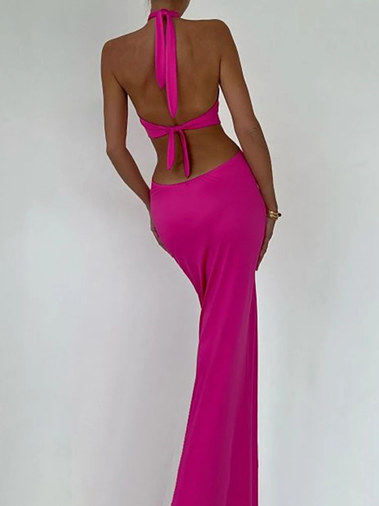 Mikydely Backless Sexy Maxi Dress Women Side Hollow Out Long Evening Dresses Sexy Skinny Party Dresses Hatler Neck Sleeveless