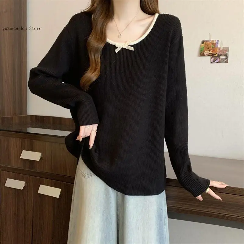 Spring Autumn Long Sleeve Loose Trend T Shirts Casual Women Clothing All-Match Bow Patchwork Contrast Korean