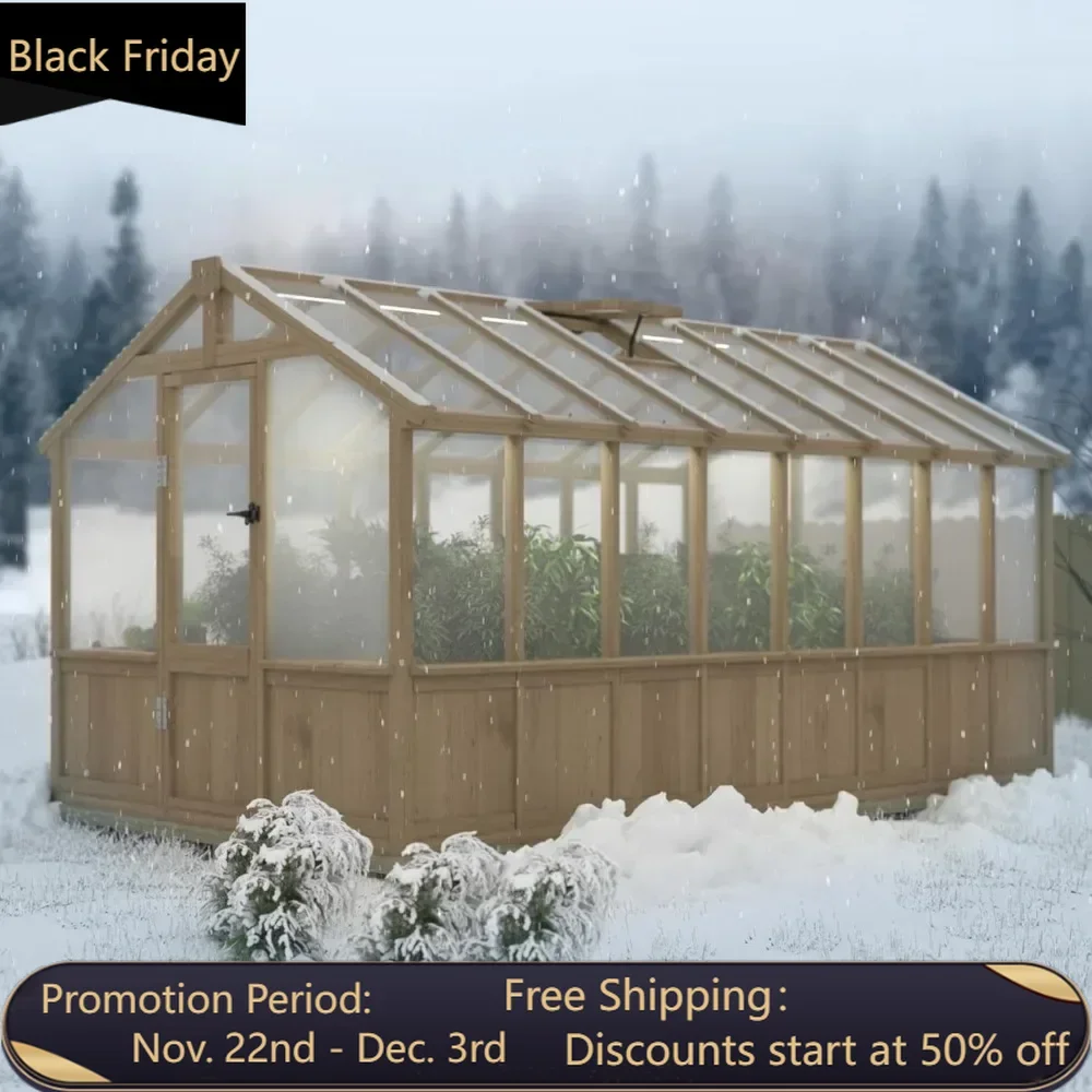 8'x 16 'wooden outdoor greenhouse with ventilation windows and lockable doors, walk-in greenhouse, suitable for outdoor use