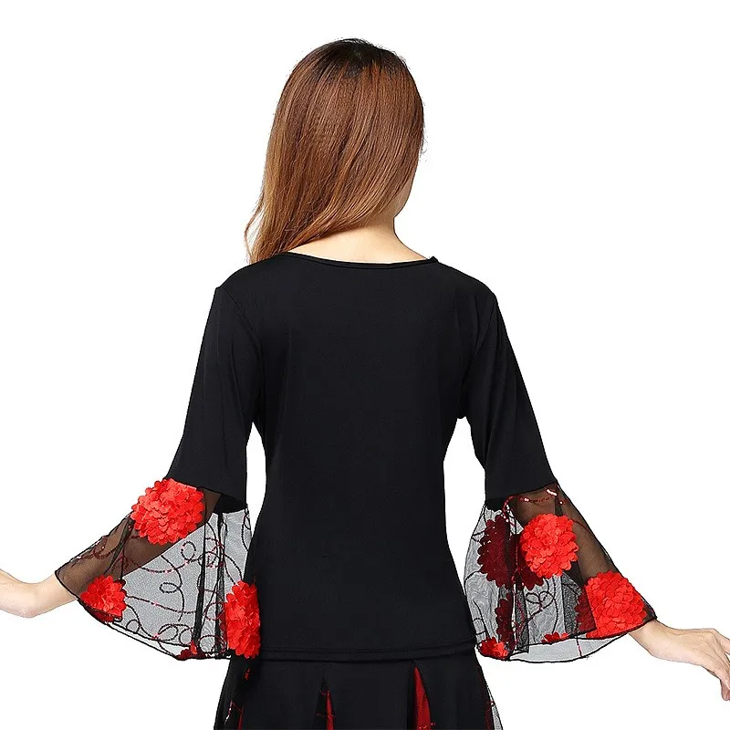 Grote Latin Dance Top Women Modern Social Dance Print Mesh Blouse V-Hals Uitlopende Mouw Trainingskleding Performance Kostuum