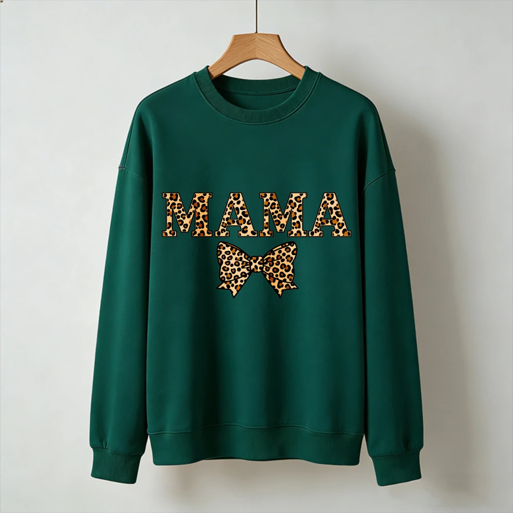 Classic Leopard Print MAMA Matching Bow Crewneck Long Sleeve Pullover Edgy Coquette Mom Gift with Retro Bold Font Sweatshirt - view 4