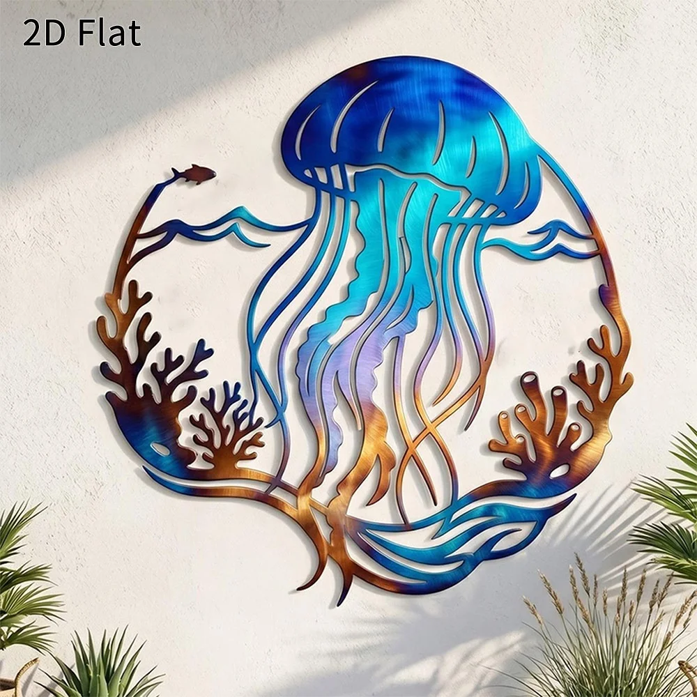 CIFBUY 2D Jellyfish Ocean Metal Wall Art Coastal Coral Reef Plaque Beach House Bathroom Living Room Patio Outdoor Gift