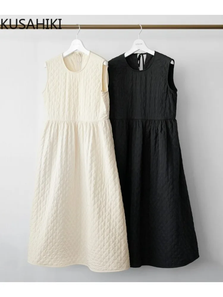 KUSAHIKI Japanese New Sleeveless Long Tank Dress Fashion Round Neck Causal High Waist A-line Vestidos De Mujer