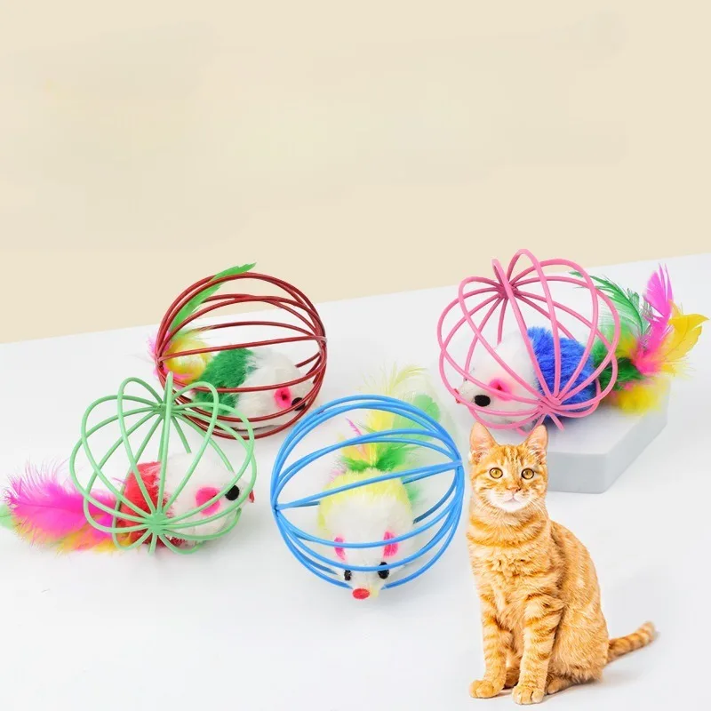 Cage rat happy cat toy plush simulation color mouse fun cat ball Feather Mice In Cage Cat Toy Pet Supplies ﻿